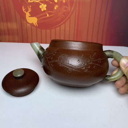 Vintage Chinese Yixing Purple Clay Teapot Zisha Flower Bird Collectible Nice Art