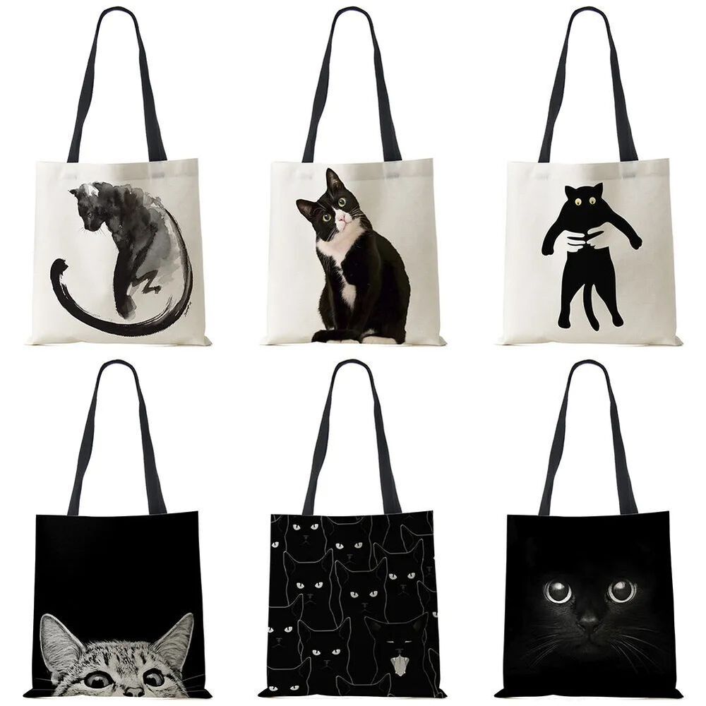 Tote Bags Black Cat Printed Linen Fabric Eco Handbag Shopping Reusable Shoulder