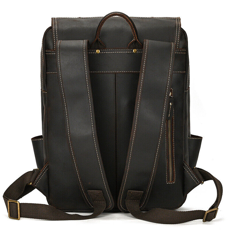 Mens Real Leather 15.6" Laptop Bag Backpack Large Hiking Travel Camping Carry On