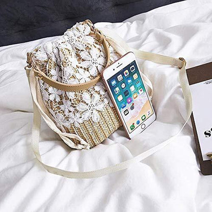 Straw Crossbody Bag, Women Beach Shoulder Summer Top Handle One Size, White