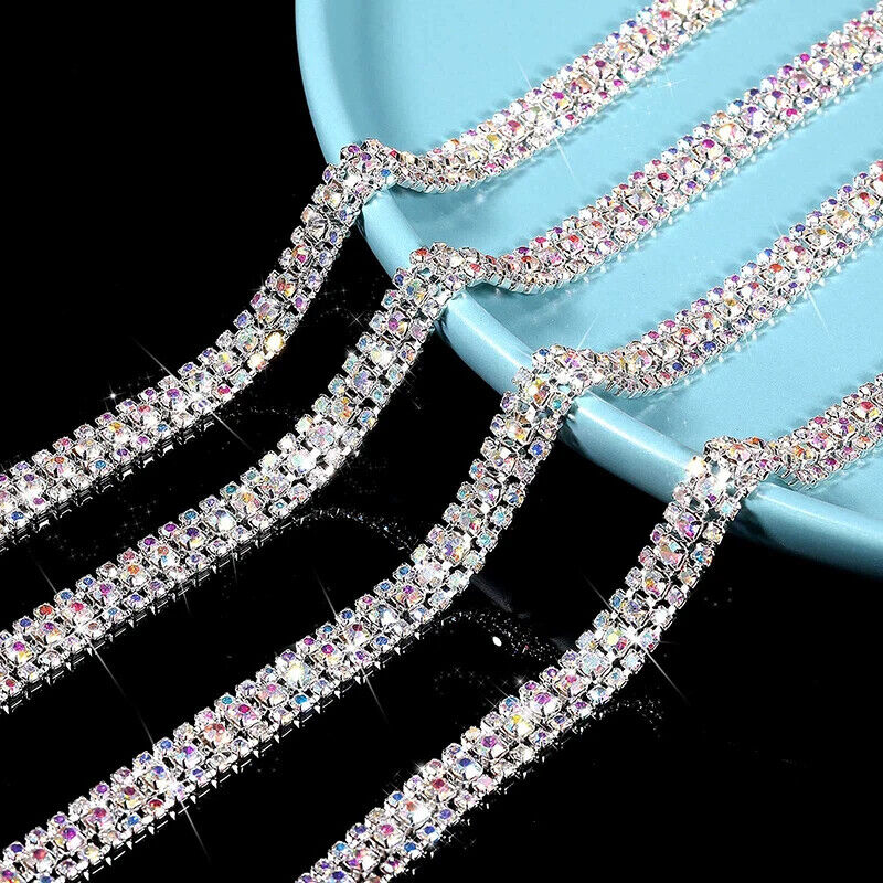 Dress Decoration Trims 3Rows Crystal Rhinestone Cup Chain DIY Applique Sew On 1M