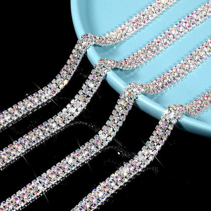 Dress Decoration Trims 3Rows Crystal Rhinestone Cup Chain DIY Applique Sew On 1M