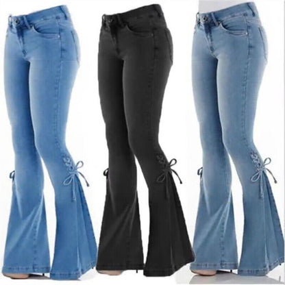 Slim Fit Trousers Womens Bowknot Flared Jeans Bell Bottoms Stretch Denim Pants