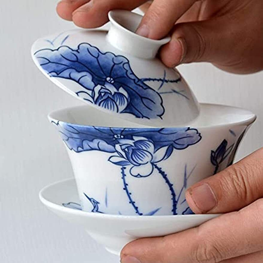 Porcelain Gaiwan 9oz Teacup Blue White Chinese Gongfu Tea Set Lip Cup Saucer
