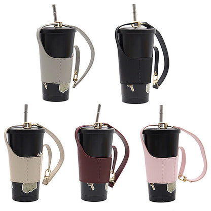 Leather Cup Cover Pouch Portable Water Bottle Sleeve Bag Leather Carrying Strap
