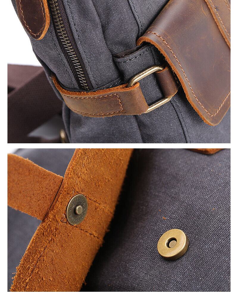Canvas Real Leather Sling Bag One Strap Backpack Rucksack Chest Pack Vintage