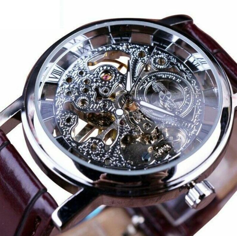 Men's Watches Skeleton Mechanical Hand Wind Watch Leather Strap Fathers Gift Son