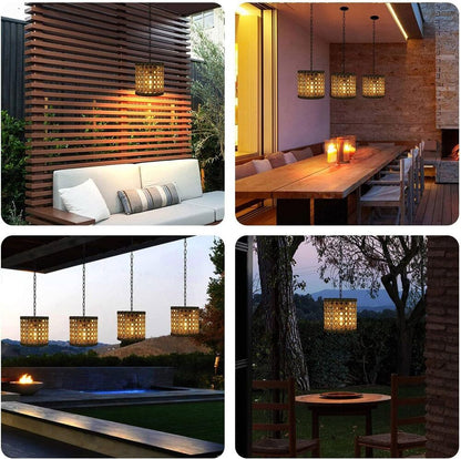 Retro Solar Hand Woven Bamboo Tube Lamp Outdoor Waterproof Decorative Hanging