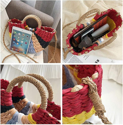 Hand Woven Rattan Women Retro Bag Colorful Boho Shoulder Crossbody Handle Gift