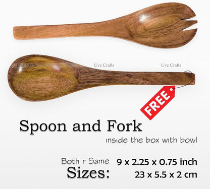 Handmade Wooden Salad Bowl Set with Bark Edge Pasta Bowls with Fork & Spoon