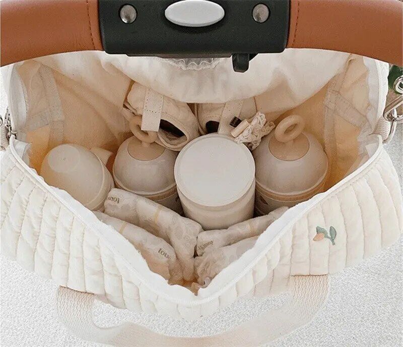 Flower Embroidery Pattern Baby Beige Zipper Diaper Handbag Luggage Bag