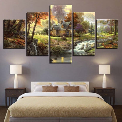 Forest Trees House Stream Landscape Canvas Print Painting Wall Art Home Decor 5P