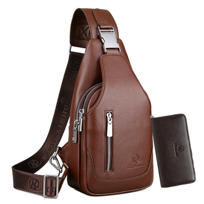 Men's Sling Backpack, Faux Leather Crossbody Chest Bags and Clutch Wallet