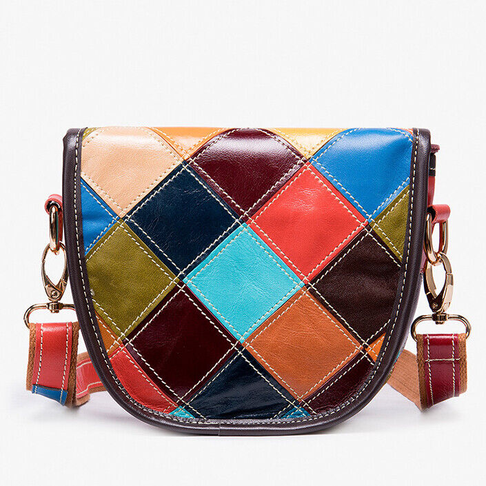 100% Genuine Leather Bags Colorful Blocks Patchwork Women's Sling Shoulder Bag