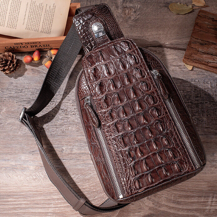 100% Crocodile Alligator Skin Leather Crossbody bag, Men's Luxury Sling Backpack