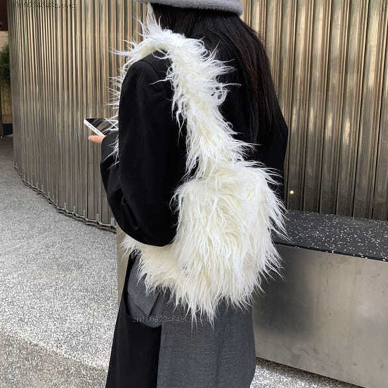 Plush Bag Velvet Feather Shoulder Bag White Versatile Portable Handbags Tote Bag