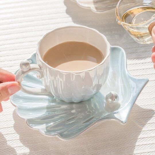 Ceramic Pearl Shell Cup with Dish Bright Coffee Cup for Girl