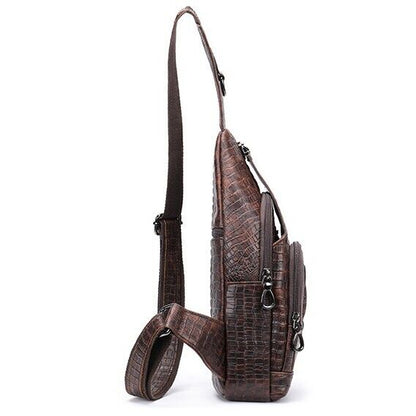 Genuine Leather Sling Backpack, Crocodile Pattern Daypack, Brown Crossbody Bags