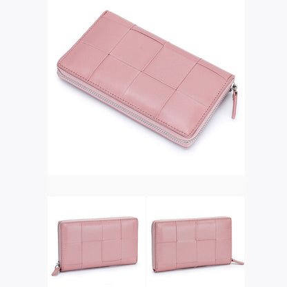 Real Sheepskin Leather Long Wallet Women Weaving Clutch Bag Zipper Phone Holder
