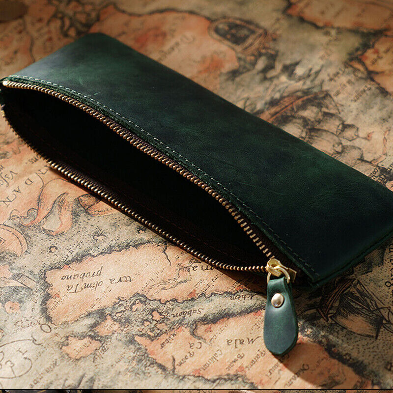 Handmade Crazy Horse Leather Vintage Larege Pen Bag Pencil Case for 5-10 Pens