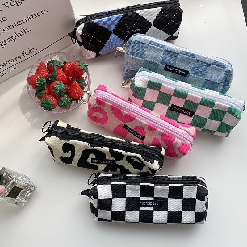 Plaid Cosmetic Bag Canvas Handbags Purse Organizer Pencil Makeup Bags Lipstick