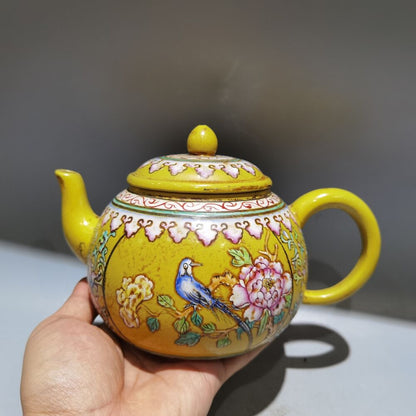 vintage chinese yixing purple clay teapot zisha painted flower bird teaware art