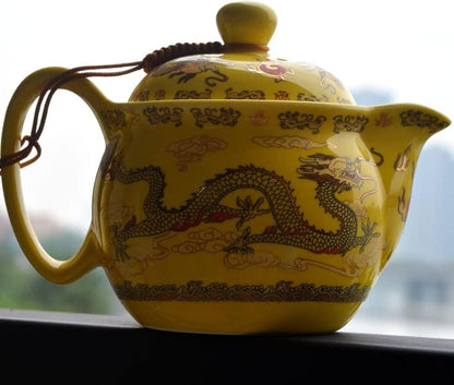 Chinese Yellow Porcelain Teapot Dragons Stainless Mash Infuser Kitchen Decor