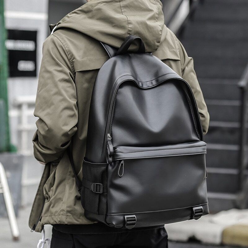 Men Leather Backpack Black School Bags Boys 15.6 Inch Laptop Backpacks