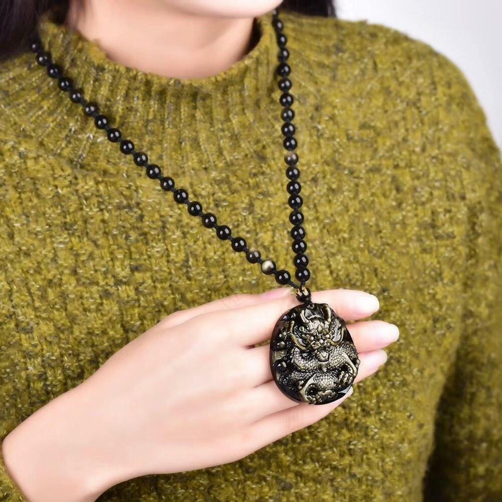 Gold Obsidian Natural Quartz crystal Dragon Statue Pendant Healing + Bracelet