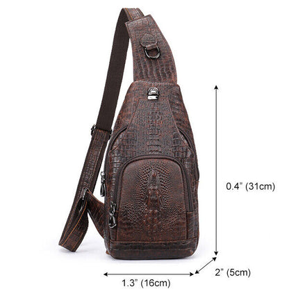 Top Cow Leather Sling Backpack,Crocodile Pattern Chest Crossbody Bag Daypack