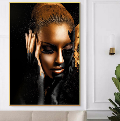 HD black gold female model art poster oil painting
