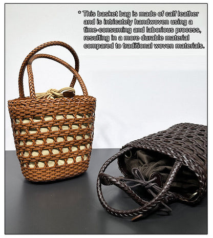 Small Woven Real Leather Drawstring Basket Bag Tote Bucket Beach Shoulder Bag