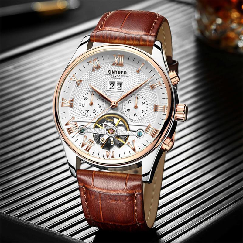 Mens Automatic Mechanical Watch Date Day Rose Gold Black Dial Brown Leather Best