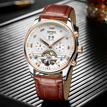 Mens Automatic Mechanical Watch Date Day Rose Gold Black Dial Brown Leather Best