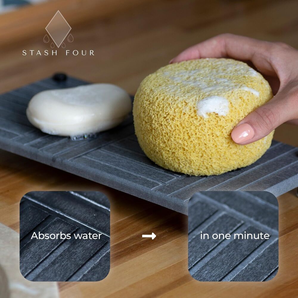 Water Absorbent Sink Caddy with Bamboo Dish Brush Set Instant Drying Tray