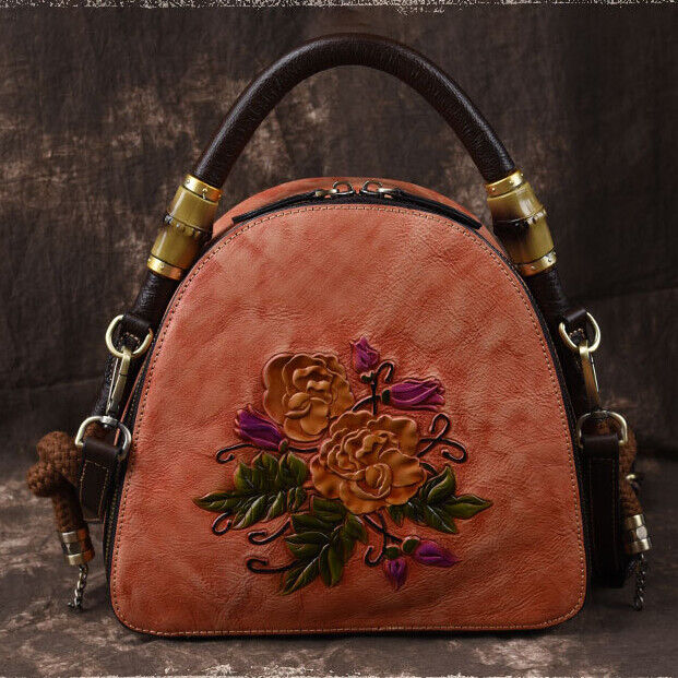 Women's Retro Genuine Leather Handbags Embossed Flower Crossbody Shoulder Bag