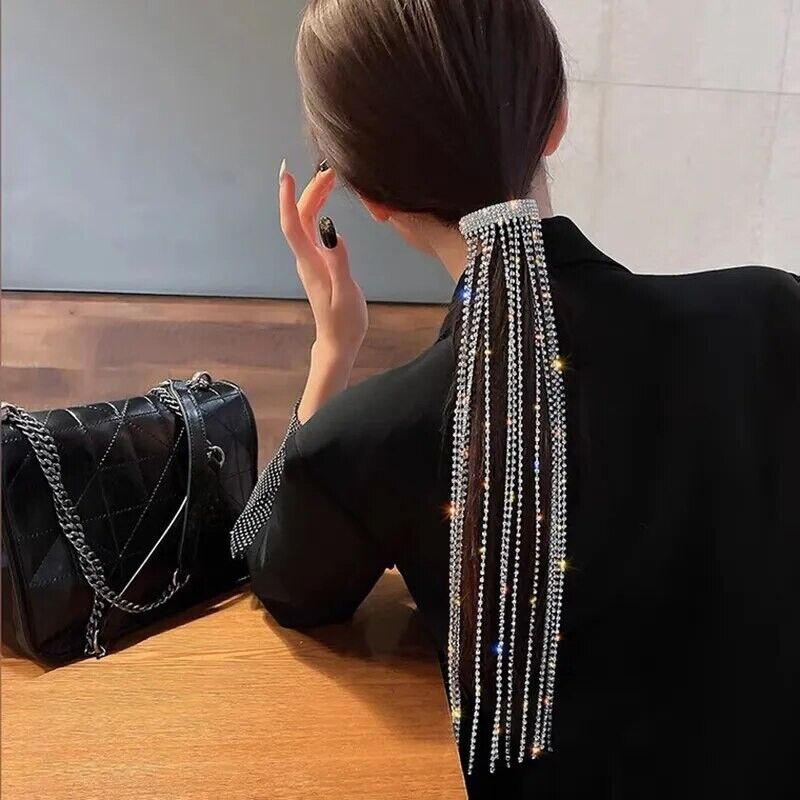 Women Hair Accessories Full Rhinestone Crystal Long Tassel Hairpin Shiny Jewelry