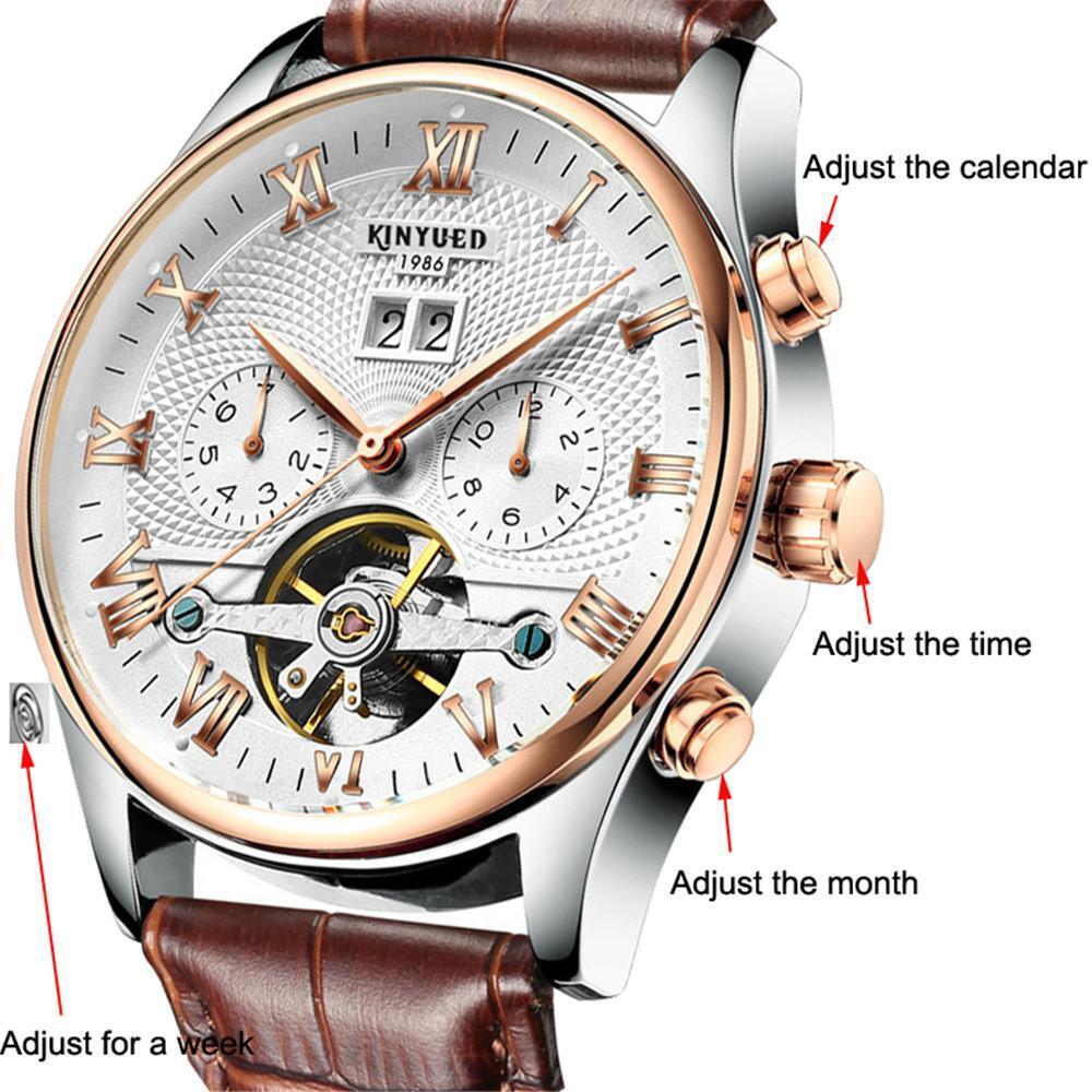 Mens Automatic Mechanical Watch Date Day Rose Gold Black Dial Brown Leather Best
