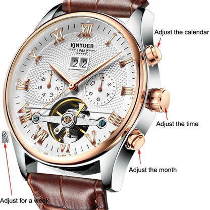Mens Automatic Mechanical Watch Date Day Rose Gold Black Dial Brown Leather Best