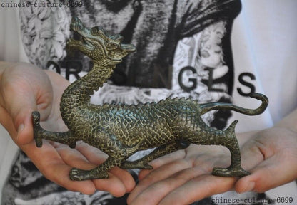 China Old Bronze Feng Shui Auspicious Dragon Loong Dragons Zodiac Animal Statue