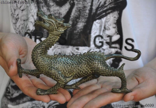 China Old Bronze Feng Shui Auspicious Dragon Loong Dragons Zodiac Animal Statue