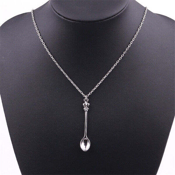 Tiny Silver Tea Spoon Shape Charm Pendant Necklace with Crown - Gift