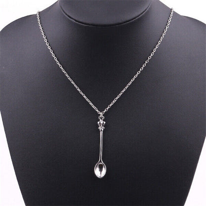 Tiny Silver Tea Spoon Shape Charm Pendant Necklace with Crown - Gift