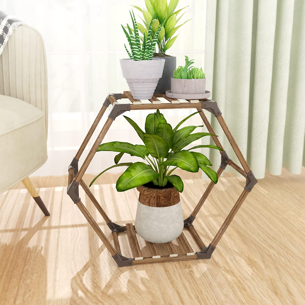 Wooden Hexagonal Plant Stand Rack Indoor Outdoor Creative Flowers Decor 2 Tiered