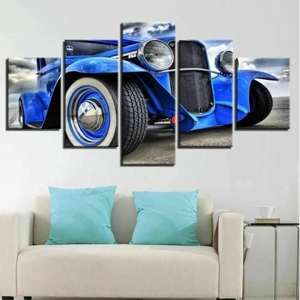 Blue Hot Rod Front Car 5 Panel Canvas Print Wall Art Poster Home Decoration