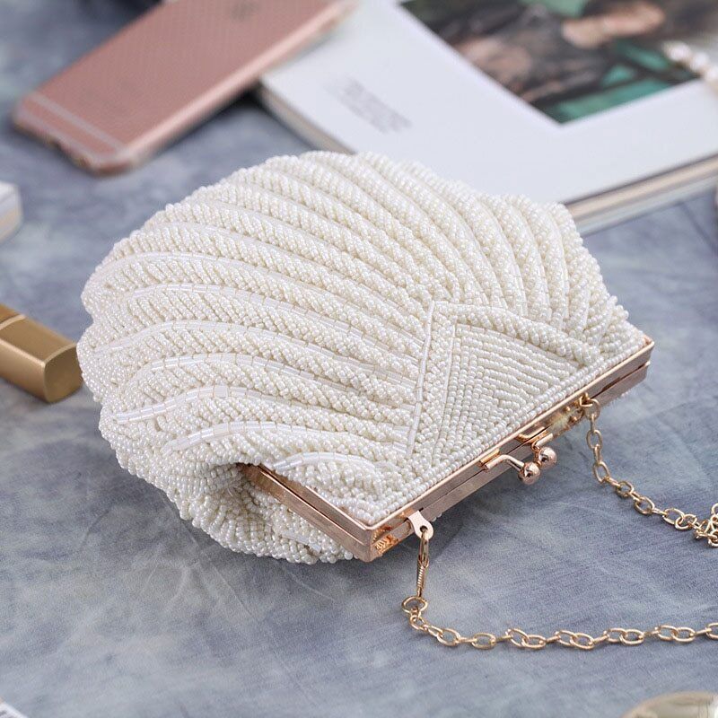 Women Wedding Handbag Evening Party Bags Clutches White Shell Beaded Clutch Bag