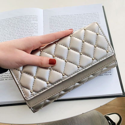 Luxury Long Wallet Quilted Soft Leather Wallets Studded Coin Purse Card Clutch