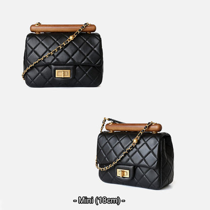 Small Mini Quilted Lambskin Leather Wood Handle Bag Flap Shoulder Purse w/ Chain