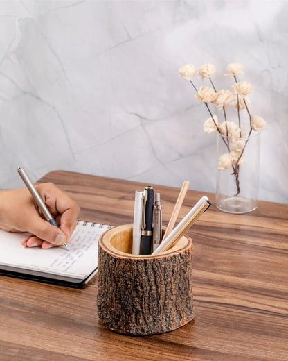 Rustic Wood Pencil Cup Pen Holder for Table Office Desktop Stationary Organizer