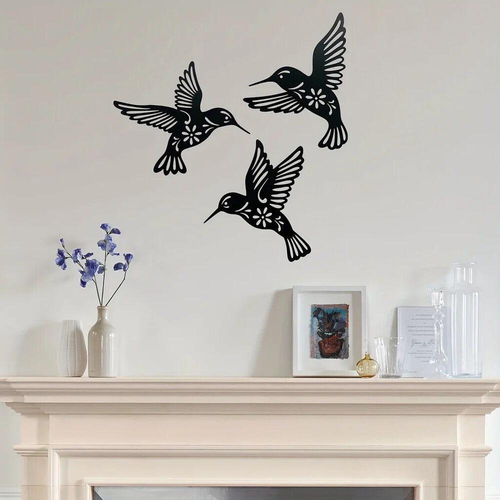 Metal Hummingbird Wall Art, Cutout Iron Black Bird Sculpture Pendant Decoration